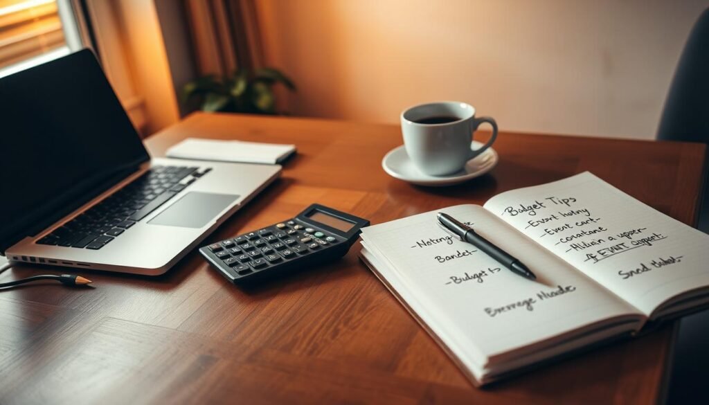 A cozy home office setting with a wooden desk, a laptop, a calculator, and a cup of coffee. Warm, soft lighting creates a relaxed, focused atmosphere. On the desk, a notebook and pen lay open, with handwritten notes on budgeting tips for event hosting. The background features a simple, tasteful wall decor, creating a professional yet inviting ambiance. The overall composition conveys a sense of organization, practicality, and financial savvy, ideal for illustrating budget planning for an event.