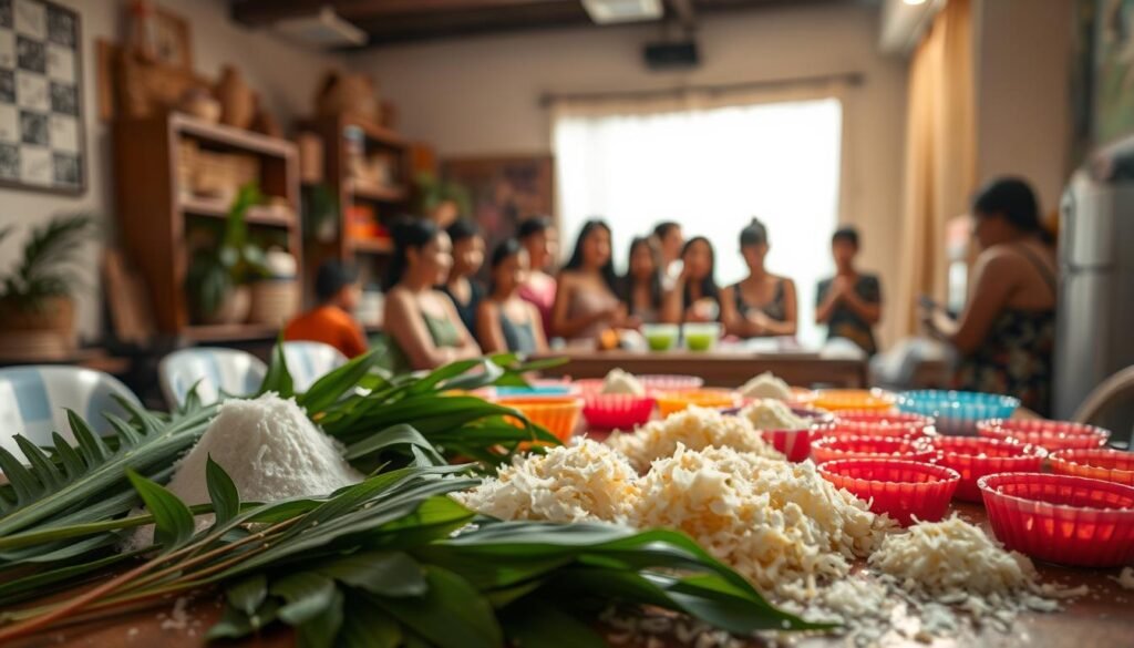 A cozy workshop filled with the tantalizing aromas of freshly prepared kueh ingredients. In the foreground, a table overflows with vibrant pandan leaves, grated coconut, glistening palm sugar, and an array of colorful molds. Soft, diffused lighting illuminates the scene, casting warm shadows and highlighting the textures of the raw materials. In the middle ground, a group of eager participants gather around the table, their expressions filled with curiosity and anticipation as they learn the traditional techniques of kueh-making. The background blurs into a serene, airy space, evoking a sense of tranquility and focus, perfect for immersing oneself in the art of crafting these delectable, time-honored delicacies.
