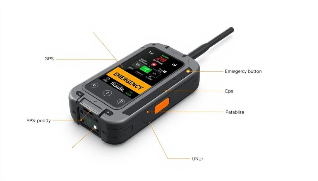 A high-resolution, detailed, technical illustration of the essential features of a modern personal locator beacon. The beacon is presented in a clean, minimalist style against a plain white background, with perfect lighting and focus to highlight the key components. The beacon has a sleek, rugged casing with clear indicators for the GPS module, antenna, emergency button, battery compartment, and other status lights. The overall design conveys reliability, durability, and ease of use for outdoor adventurers. The image should effectively communicate the advanced capabilities of this essential safety device.