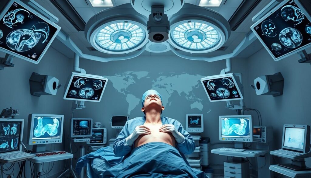 A modern operating room filled with state-of-the-art medical equipment, bathed in bright, sterile lighting. In the center, a skilled surgeon performs a delicate parathyroid procedure, their movements precise and focused. The patient's neck is exposed, revealing the intricate anatomy. Around the room, diagnostic screens display detailed images, allowing the surgical team to monitor the operation closely. In the background, a world map highlighting the global distribution of parathyroid surgery techniques, emphasizing Singapore's position as a leading center of excellence.