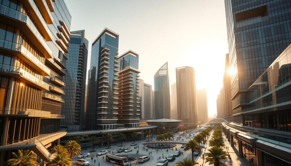 A striking modern skyline of sleek, high-rise smart buildings bathed in warm, golden sunlight. The facades feature elegant, seamless panels of electrochromic glass that gradually transition from transparent to tinted, dynamically controlling light and heat absorption. Intricate architectural details like cascading terraces, angular cantilevers, and reflective surfaces create mesmerizing visual depth. Beneath, a bustling urban plaza teems with pedestrians and autonomous vehicles, showcasing the integrated technologies that power this sustainable, intelligent cityscape.
