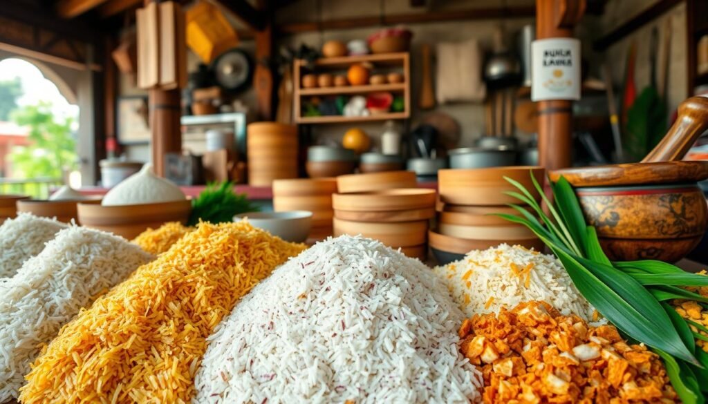 A traditional Malaysian kueh shop, showcasing a vibrant array of colorful ingredients. In the foreground, an assortment of freshly pounded glutinous rice, coconut shreds, palm sugar, and pandan leaves. The middle ground features bamboo steamers, wooden molds, and a mortar and pestle, indicating the meticulous preparation process. In the background, a warm, soft-lit kitchen setting, with hints of traditional architecture and the aromatic steam of simmering pots. The overall scene conveys the artisanal, time-honored tradition of kueh-making, inviting the viewer to immerse in the sensory experience.