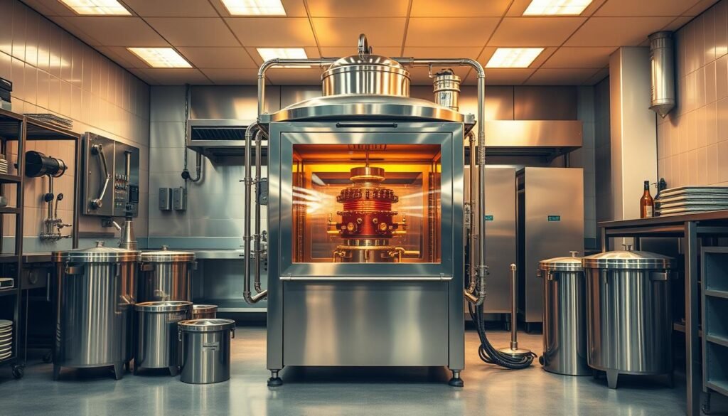 A well-designed, high-performance grease separator in a spotless commercial kitchen, bathed in warm, golden lighting. The stainless steel housing gleams, its intricate internal mechanisms visible through transparent panels. Surrounding it, an array of specialized accessories - grease traps, oil skimmers, and customizable filtration systems - showcasing the breadth of solutions available to cater to diverse business needs. The overall atmosphere radiates efficiency, professionalism, and a commitment to environmental responsibility.