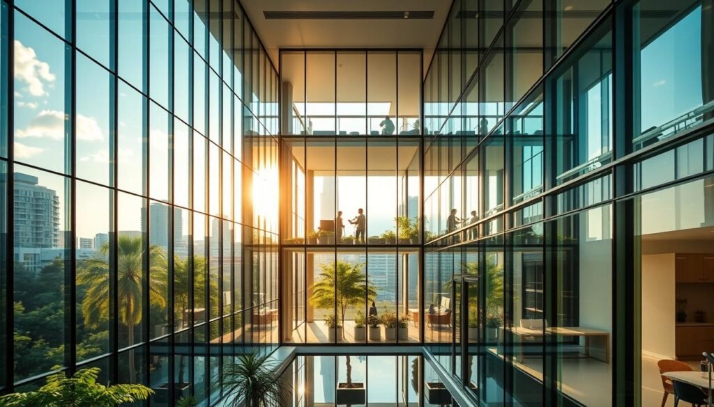 Prompt A modern, energy-efficient building with expansive glass facades, showcasing the latest electrochromic glass technology. The glass panels dynamically adapt to changing light conditions, transitioning from clear to tinted, regulating indoor temperature and illumination. The building's exterior is bathed in warm, natural light, with the glass seamlessly blending into the surrounding greenery. In the interior, the glass creates a bright, airy atmosphere, with occupants enjoying unobstructed views of the cityscape. The scene is captured from a slight elevated angle, highlighting the architectural elegance and technological advancements of this eco-friendly smart glass solution transforming Singapore's urban landscape.